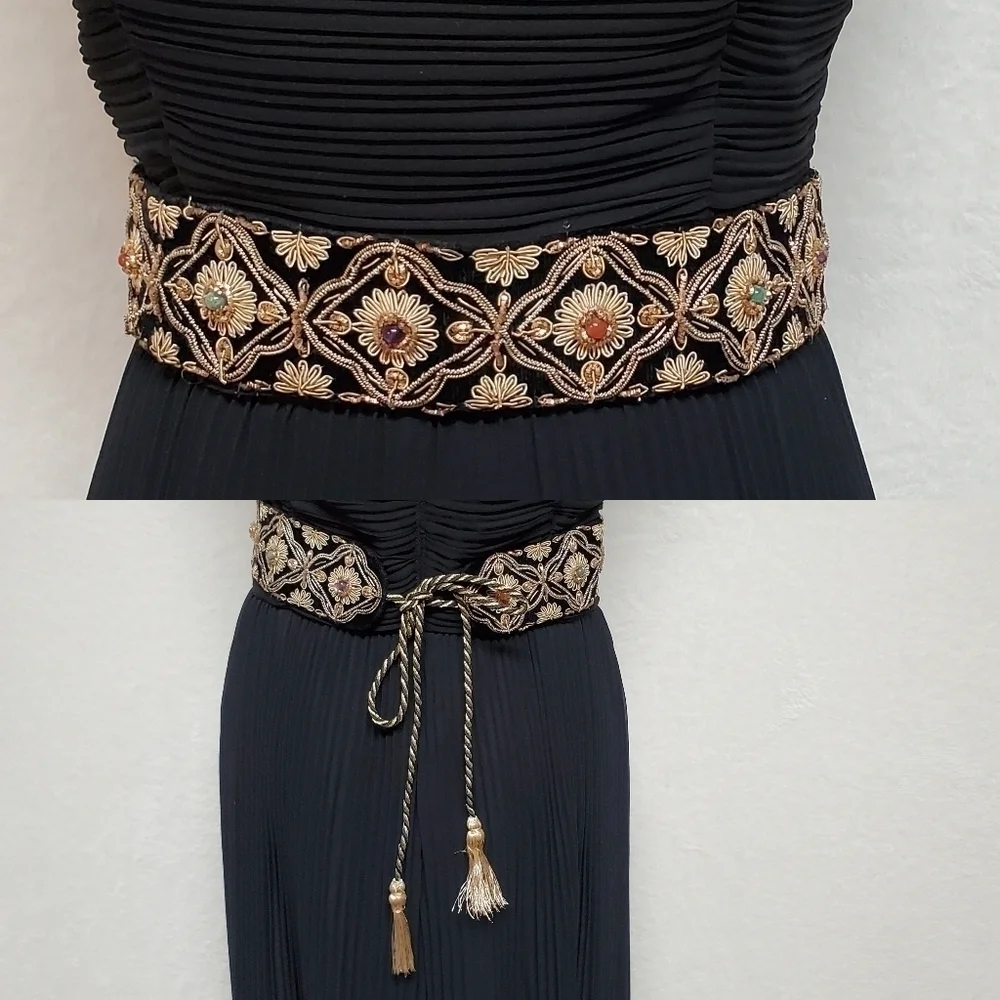 Vintage 80s Silk Gold Silver Metal Filigree Embroidered Tassle Tie-Waist Belt